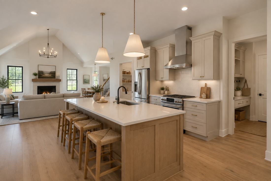 Kitchen, open to the great room — concept rendering