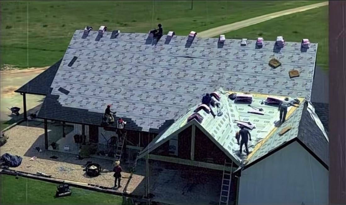 RC21 LLC crew installing a shingle roof near Mount Pleasant, Texas