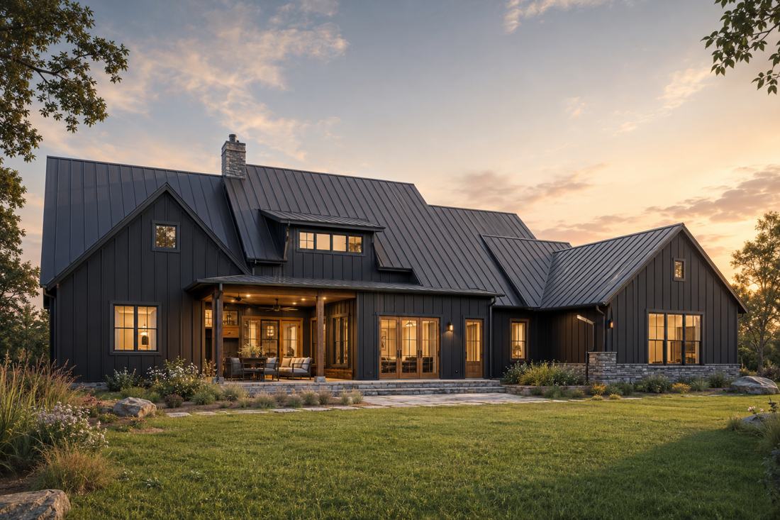 Rear porch at dusk — concept rendering